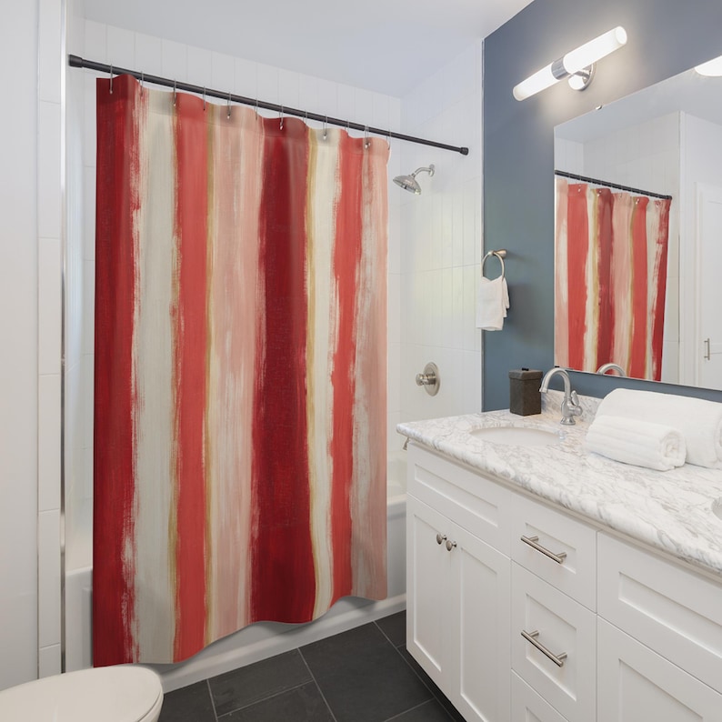 Painterly Red Band Shower Curtain, Red Blush Classic Bathroom Decor, Watercolor Stripe Bath Curtain, Guest Bath Decor, Small Bathroom Decor image 3