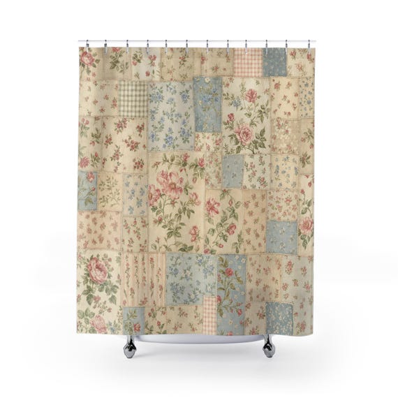Cottagecore Shower Curtain, Vintage Floral Patchwork Bath Decor, Blue Cream Quilt Pattern, Soft Farmhouse Guest Bathroom Decor Style