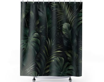 Dark Jungle Shower Curtain, Green Tropical Bath Decor, Palm Monstera Leaf Pattern, Dramatic Guest Bathroom Nature Leaf Plant Decor