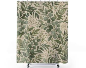 Sage Green Botanical Shower Curtain, Eucalyptus and Fern Leaf Bathroom Decor, Green Bathroom Decor, Nature Inspired Modern Bath Curtain
