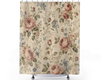 Vintage Floral Shower Curtain, Cabbage Rose Farmhouse Bathroom Decor, Pink Cottage Flower Bath Curtain, Romantic Guest Bath, Powder Room