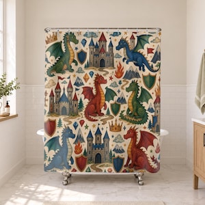 Dragon Castle Shower Curtain, Storybook Kids Bathroom Decor, Fantasy Bath Curtain, Boys Bathroom Decor, Village Pattern, Bath Decor