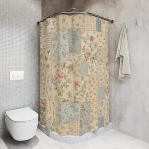 Cottagecore Shower Curtain, Vintage Floral Patchwork Bath Decor, Blue Cream Quilt Pattern, Soft Farmhouse Guest Bathroom Decor Style image 5