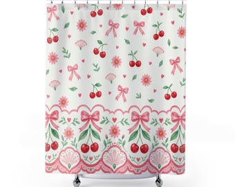 Cortina de ducha femenina, lazo rosa con estampado de margaritas y cerezas, decoración de baño festoneada en rojo menta, estilo artístico divertido y preppy para el baño de invitados.