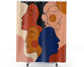 Cortina de ducha con rostro abstracto, retratos modernistas de línea continua, decoración de baño en terracota cobalto, arte moderno y colorido para el baño de invitados.