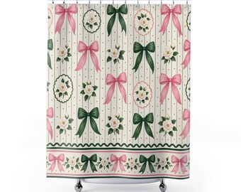 Cortina de ducha estilo hermandad, estampado preppy rosa y verde con lazo, decoración floral a rayas azul marino para baño, estilo femenino para el baño de invitados de la universidad.