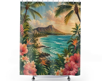 Hawaii Shower Curtain, Tropical Floral Ocean Print, Blue Beach Bathroom Decor, Hibiscus Palm Bath Curtain, Coastal Guest Bath Gift