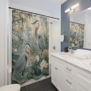 Blue Green Heron Shower Curtain, Lotus Pond Bird Bath Curtain, Botanical Floral Bathroom Decor, Chinoiserie Nature Art, Guest Bath image 3