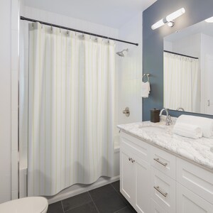 White Pinstripe Shower Curtain, Pale Yellow Striped Curtain, Modern Minimalist Bathroom Decor, Dense Vertical Stripe Bath Curtain image 3