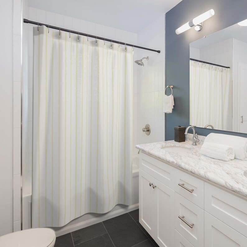 White Pinstripe Shower Curtain, Pale Yellow Striped Curtain, Modern Minimalist Bathroom Decor, Dense Vertical Stripe Bath Curtain image 3