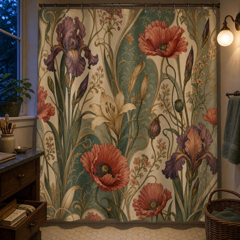 Art Nouveau poppy and iris shower curtain in a garden poster conservator's townhouse bathroom