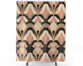 Cortina de ducha Art Déco, estampado de abanicos en negro y rosa, decoración de baño retro glamurosa, decoración de pared llamativa en negro y rosa, regalo para el baño de invitados.