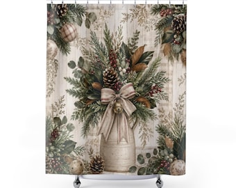 Farmhouse Christmas Shower Curtain, Rustic Holiday Botanical Bath Curtain, Cream White Vintage Greenery Country Cottage Bathroom Decor