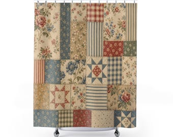 Vintage Farmhouse Shower Curtain, Feedsack Patchwork Bathroom Decor, Country Quilt Star Floral Bath Curtain, Cottage Guest Bath Decor
