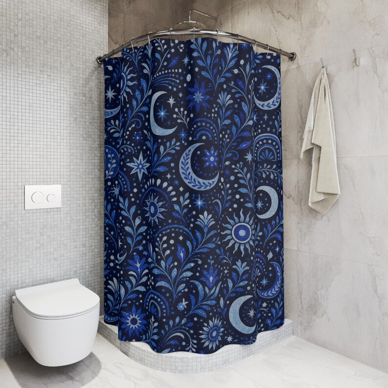 Navy Celestial Shower Curtain, Navy Blue Moon Bathroom Decor, Celestial Floral Bath Curtain, Guest Bath Decor, Small Bathroom Decor image 5