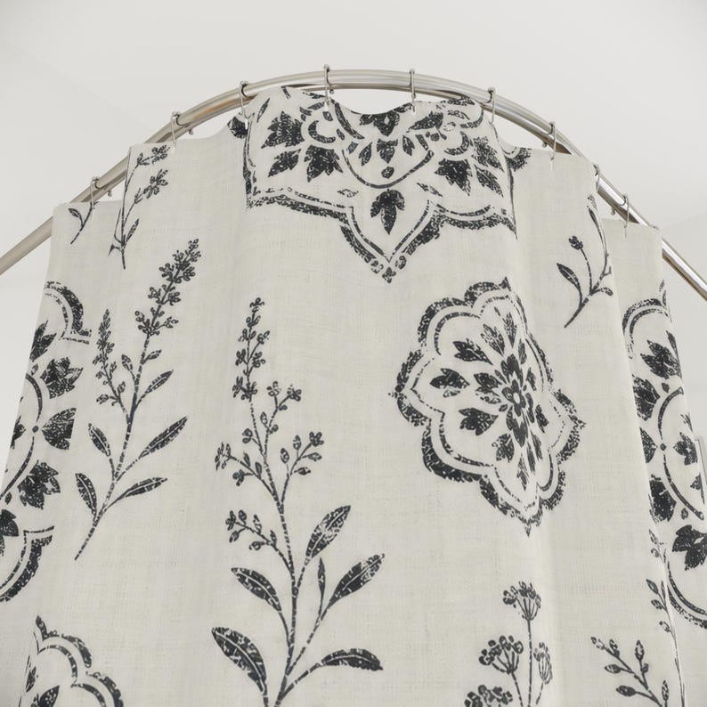 Farmhouse Shower Curtain, Black White Botanical Medallion Pattern, Vintage Country Bathroom Decor, Classic Guest Bath Style image 2