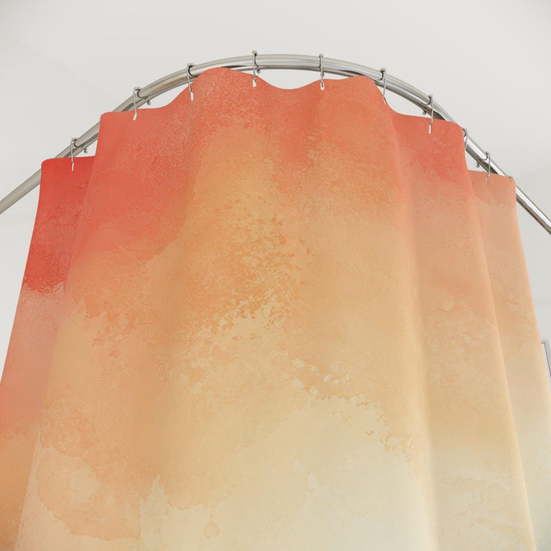 Rideau de douche dégradé coucher de soleil, décoration de bain aquarelle corail sarcelle, motif brume douce, décoration de salle de bain côtière sereine et chaude image 2