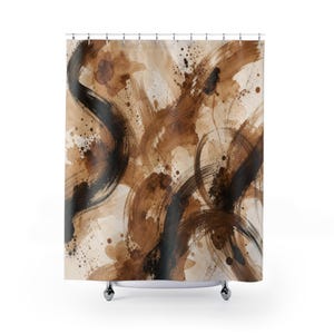 Abstract Shower Curtain, Black Brown Brush Stroke Pattern, Tan Cream Modern Bathroom Decor, Bold Painterly Neutral Guest Bath Style