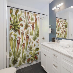 Carnivorous Plant Shower Curtain, Venus Flytrap Pitcher Plant Botanical Pattern, Green Jungle Bathroom Decor, Plant Lover Guest Bath image 3