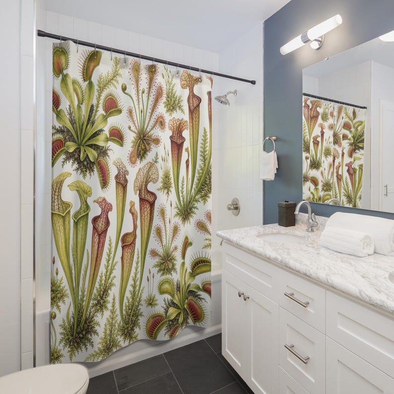 Carnivorous Plant Shower Curtain, Venus Flytrap Pitcher Plant Botanical Pattern, Green Jungle Bathroom Decor, Plant Lover Guest Bath image 3
