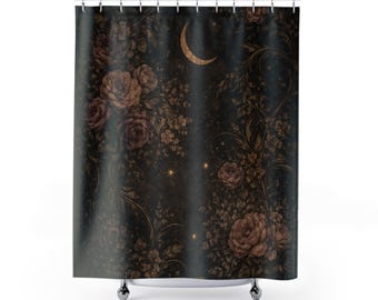 Dark Floral Shower Curtain, Celestial Gothic Botanical Bathroom Decor, Dark Academia Boho Bath Curtain, Moon and Stars Vintage Art