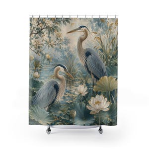 Blue Green Heron Shower Curtain, Lotus Pond Bird Bath Curtain, Botanical Floral Bathroom Decor, Chinoiserie Nature Art, Guest Bath image 1