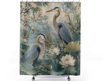 Douchegordijn blauwe groene reiger, badgordijn lotusvijver vogel, botanische bloemen badkamer decor, chinoiserie natuur kunst, gastenbad