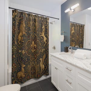 Medieval Shower Curtain, Gothic Heraldic Tapestry Bathroom Decor, Navy Gold Unicorn Lion Fleur de Lis Bath Curtain, Vintage Castle Gift image 3