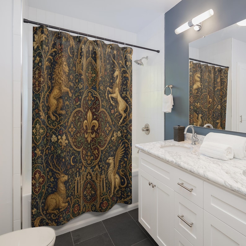 Medieval Shower Curtain, Gothic Heraldic Tapestry Bathroom Decor, Navy Gold Unicorn Lion Fleur de Lis Bath Curtain, Vintage Castle Gift image 3