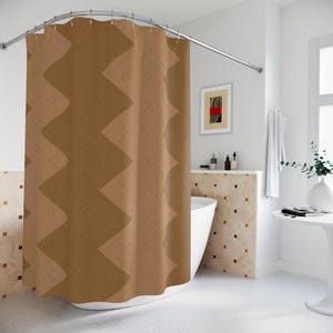 Zigzag Shower Curtain, Tonal Bronze and Brown Angular Columns, Warm Geometric Stripe Pattern