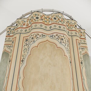 Moroccan Arch Shower Curtain, Sage Tile Bath Decor, Cream Architectural Panel Pattern, Ornate Guest Bathroom Warm Neutral Tile Decor image 2