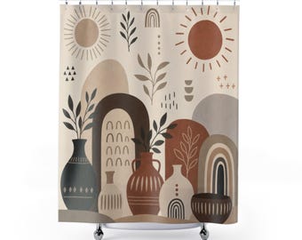 Cortina de ducha bohemia neutra, arco de terracota y arte en vasijas de arcilla, decoración de baño en crema topo, estilo moderno y orgánico para el baño de invitados.