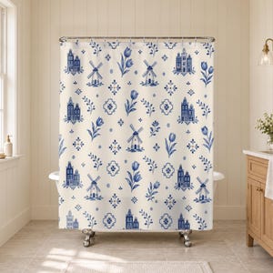 Blue and White Shower Curtain, Dutch Delft Bath Decor, Windmill Tulip Repeat, Cream Guest Bathroom Classic Botanical Pattern Style