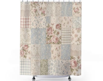 Patchwork Shower Curtain, Shabby Chic Rose Quilt Pattern, Blue Pink Ivory Cottage Bathroom Decor, Cozy Vintage Guest Bath Decor Style