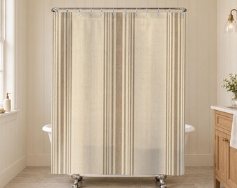 Cream Beige Shower Curtain, Thin Vertical Stripe Pattern, Neutral Farmhouse Bath Decor, Guest Bathroom, Taupe Line Art, Classic Cream Lines