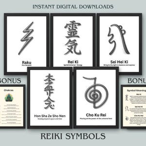 May include: A collection of framed Reiki symbols, including Raku, Rei Ki, and Sei Hei Ki, with text labels. Additional framed bonus materials include a chakra chart and symbol meanings. The words "INSTANT DIGITAL DOWNLOADS" and "REIKI SYMBOLS" are also visible.