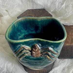 May include: A teal ceramic bowl with a textured spider design. The bowl has a unique shape with a dark interior and a brown spider accent. The bowl is on a white cloth.