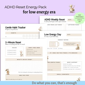 Op de afbeelding: Printbaar ADHD Reset Energy Pack. De afbeelding toont een 4-in-1 set met een zachte gewoontetracker, een 5-minuten reset en een low energy dagplanner. De tekst bevat "voor low energy era" en "Do what you can, that's enough."