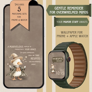 Könnte beinhalten: Ein Telefon und eine Apple Watch zeigen ein passendes Wallpaper-Set. Der Telefonbildschirm und das Zifferblatt der Uhr zeigen eine Cartoon-Ente mit einem Zaubererhut. Der Text enthält "Gentle Reminder" und "Wallpaper für Telefon + Apple Watch."