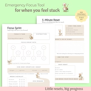 May include: A printable 2-in-1 set of focus tools. The pages have a light green background with text and illustrations. One page is titled "Focus Sprint" and the other is "5-Minute Reset". The text includes "Emergency Focus Tool" and "Little resets, big progress".