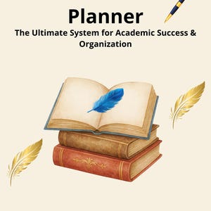May include: An illustration of a stack of books with an open book on top, featuring a blue feather. The image includes the text "PhD Research Planner" and "Digital & Printable 2026". A pen and decorative feathers are also present.