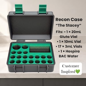 May include: A dark gray Recon Case named The Stacey with green latches and a green foam interior featuring cutouts for vials. Text lists capacity for 1x 20mL Gluta vial, 1x 10mL vial, 17x 3mL vials, and 1x Hospira BAC water. Includes a Customer Inspired label.