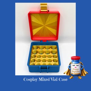 May include: A rectangular open storage case with a red lid and blue base, featuring a gold interior insert with twenty circular slots for vials. A small blue bottle character with a gold cape and the text Pretty Peptides is positioned nearby.