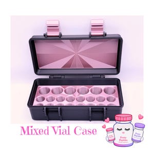 May include: A black rectangular storage case with a hinged lid and metallic pink interior inserts featuring circular cutouts for vials. The lid interior has a sunburst pattern. The text "Mixed Vial Case" appears below the case.