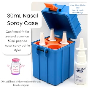 May include: A matte marine blue 30mL nasal spray case with a matte orange interior insert and latch. The case holds three white nasal spray bottles, with one additional white Semax 25mg nasal spray bottle standing next to the open container.