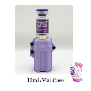May include: A clear glass vial with a purple label reading Genero Test C 250 and Testosterone Cypionate 250mg/ml, topped with a purple cap, resting on a light purple, rectangular, vertical storage case labeled 12mL Vial Case.