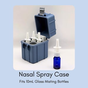 May include: A blue rectangular storage case with a hinged lid, containing a gray insert with circular slots for nasal spray bottles. A single blue glass nasal spray bottle with a white nozzle and 10mL measurement markings stands beside it.