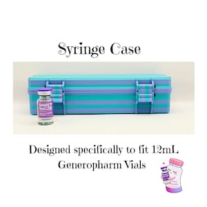 May include: A rectangular turquoise and purple striped syringe case with two latches, positioned next to a small glass vial labeled Genero Test C 250. Text reads Syringe Case and Designed specifically to fit 12mL Generopharm Vials.