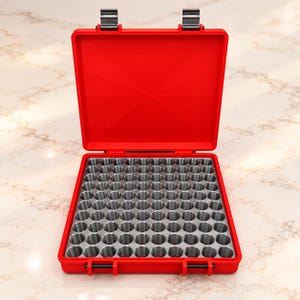 May include: A bright red rectangular storage case with a hinged lid and two black latches. The interior features a silver-colored grid insert with one hundred uniform circular compartments arranged in a ten-by-ten square pattern.