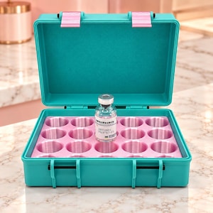 May include: A teal storage case with two pink latches and a pink foam insert featuring fifteen circular cutouts. A small glass vial with a silver cap and a white label containing text and the date 2028-01-27 sits in the center.
